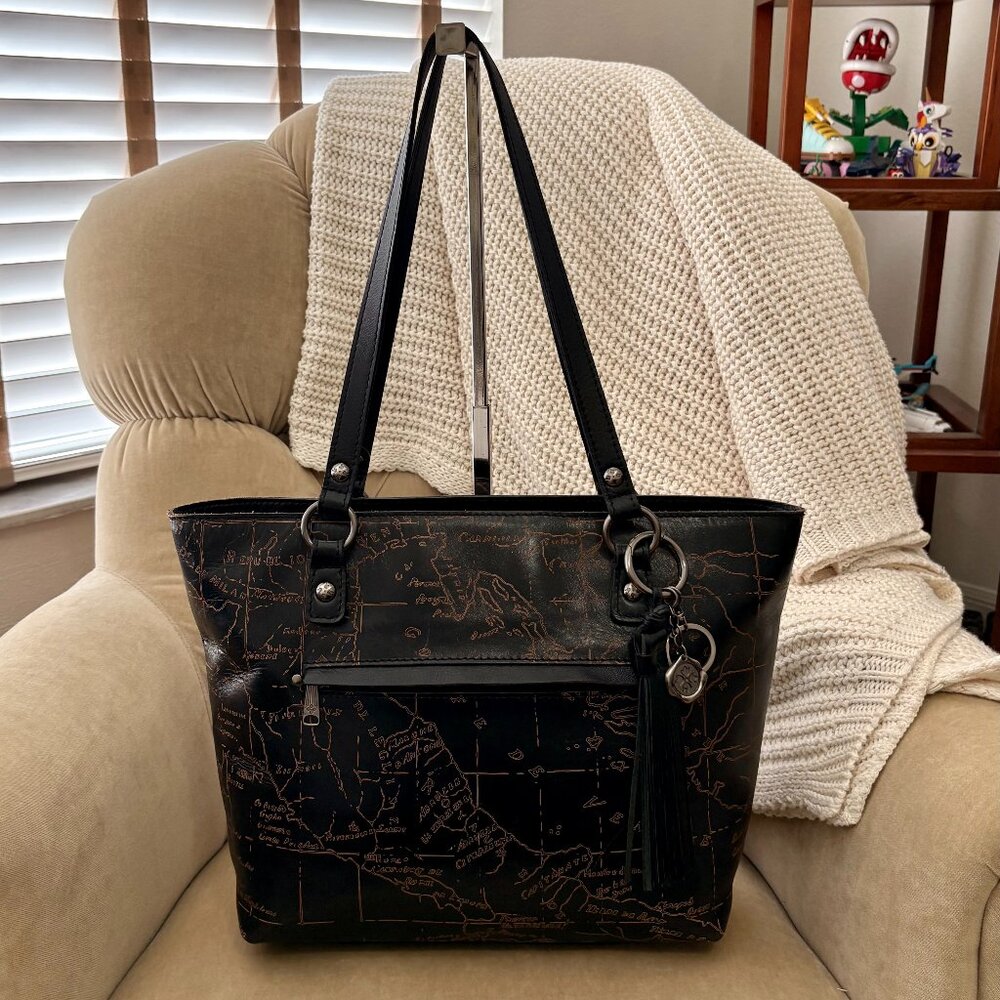 EUC- 🌹Patricia Nash Black Tote with Brown Map Print